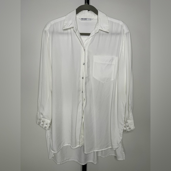 Zara Lyocell Pearl Cuff Button-Down Shirt - Classic Elegance - Picture 4 of 10